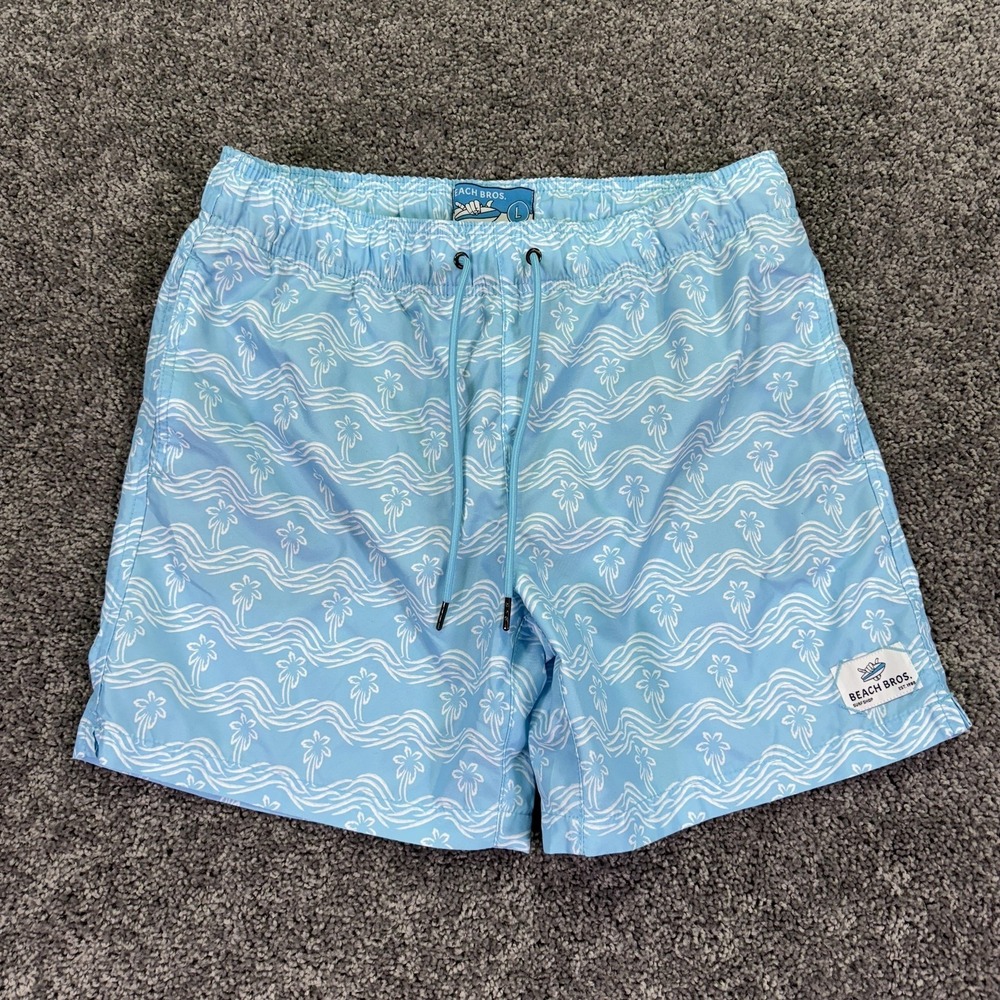 Beach Bros Swim Shorts Mens Large Blue Palm Tree Trunks Lined Drawstring Surf